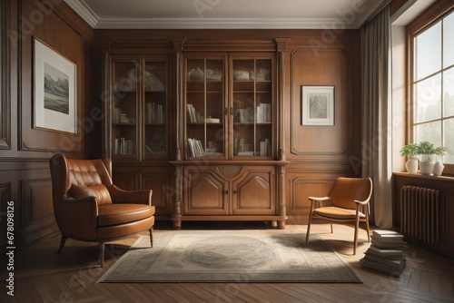  Interior with wooden cabinet and armchair 3d rendering 