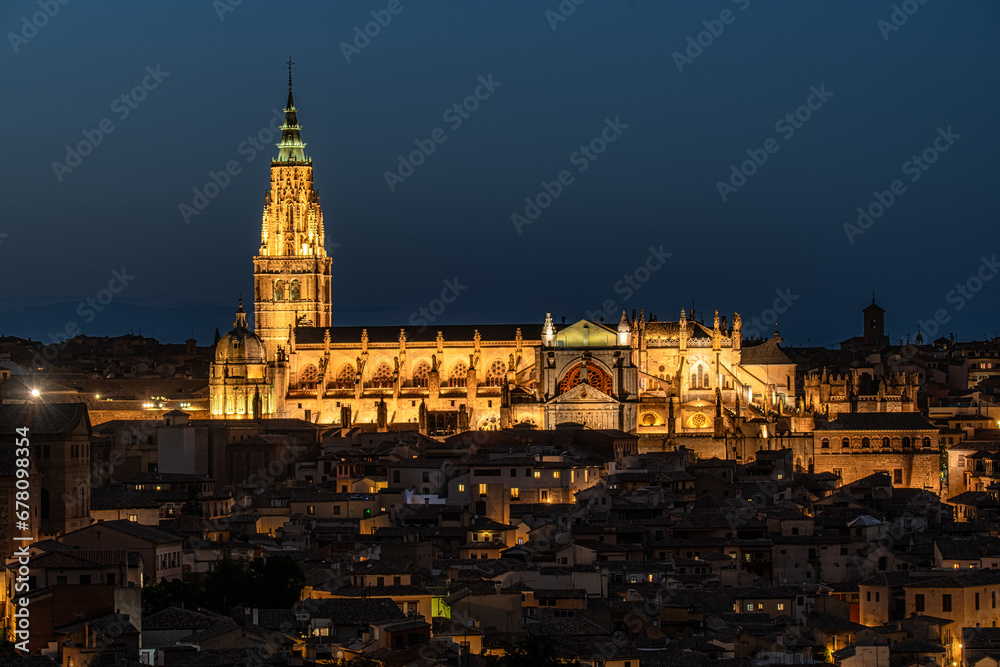 Primate Cathedral of Saint Mary of Toledo view at night in Spain