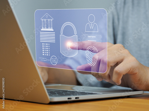 Cybersecurity and privacy on access  confidential way business on cyber, internet network security technology Access to company or transaction information of laptop data and virtual interfaces.