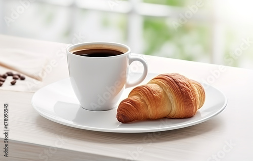 One glass cup of black coffee and croissant on white plate on white wooden table over light kitchen background