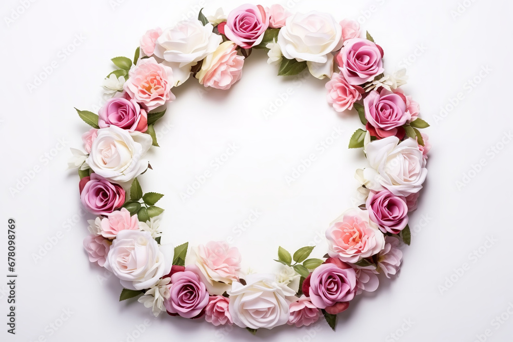 Round frame decorated with white and pink roses and camellia and leaves on white background