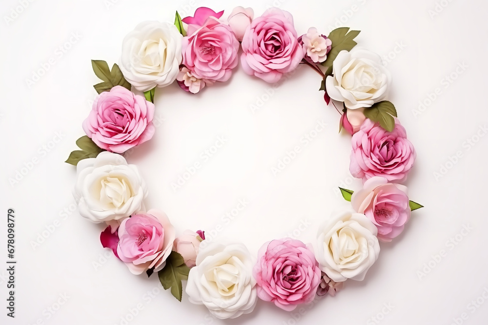 Round frame decorated with white and pink roses and camellia and leaves on white background Round frame decorated with white and pink roses and camellia and leaves on white background