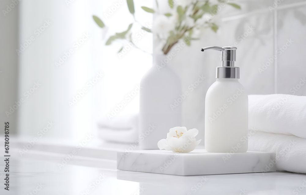 Soap and shampoo on white marble sink on white bathroom background Soap and shampoo on white marble sink on white bathroom background
