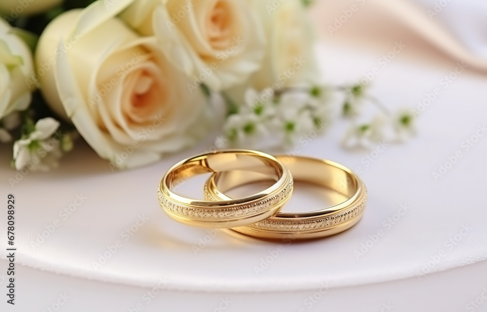 Two golden rings on white plate on table on white wedding hall background Two golden rings on white plate on table on white wedding hall background