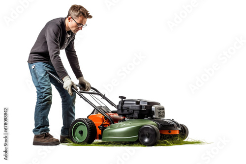 Man Using Lawn Mower.Isolated isolated on Transparent background, Generative Ai photo