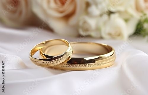 Two golden rings on white plate on table on white wedding hall background