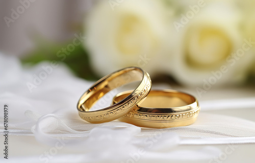 Two golden rings on white plate on table on white wedding hall background