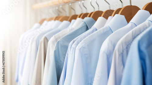 White and blue men's shirts on wooden hangers hanging in a row on white closet blurred background photo