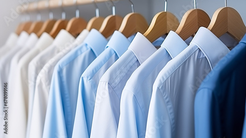 White and blue men's shirts on wooden hangers hanging in a row on white closet blurred background