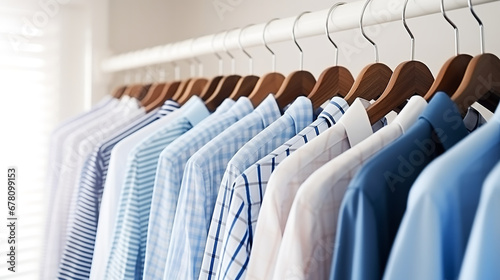 White and blue men's shirts on wooden hangers hanging in a row on white closet blurred background