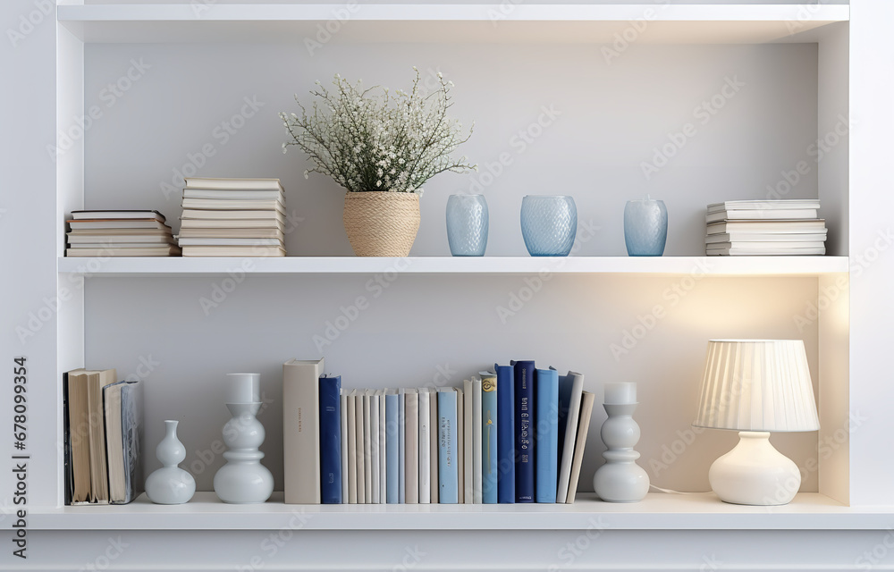 Fototapeta premium White, beige, blue books on white shelves on white design room soth light