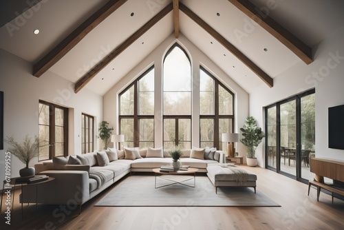 Vaulted cathedral ceiling in house. Interior design of modern living room 