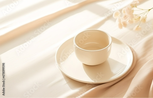 White plate and cup on beige napkin on white wooden table soft light