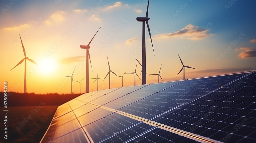 Wind turbines and solar panels sunset light over green nature blurred background