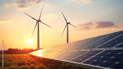 Wind turbines and solar panels sunset light over green nature blurred background