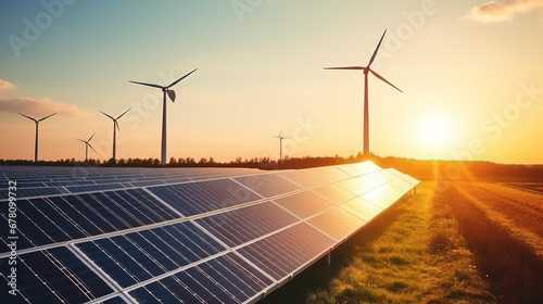 Wind turbines and solar panels sunset light over green nature blurred background