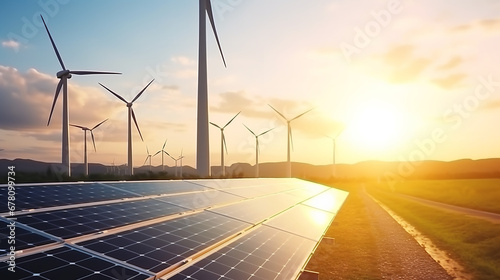 Wind turbines and solar panels sunset light over green nature blurred background