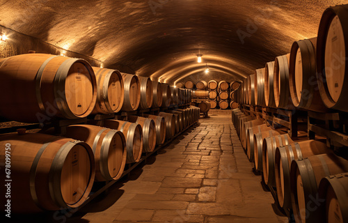 Wine cellar interior with large barrels soft light