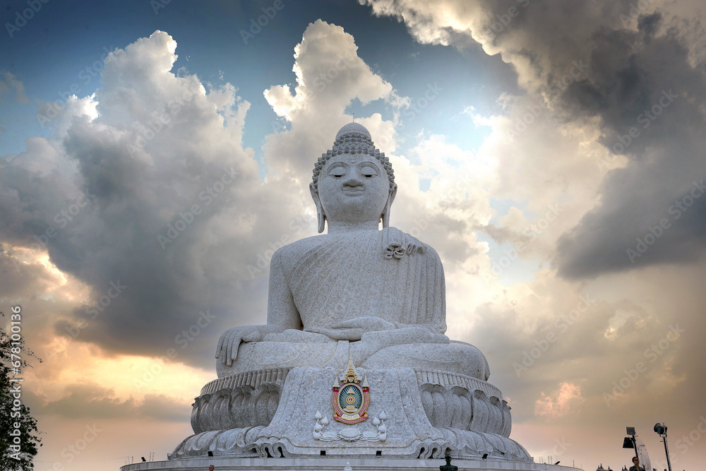 Fototapeta premium High above Phuket stands the currently famous landmark of the island, the Temple of the Great Buddha. Thais call him Big Buddha.