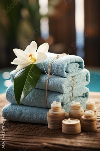 Towels with herbal bags in spa center. Generative AI
