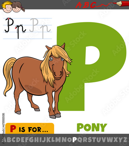 letter P from alphabet with cartoon pony animal character