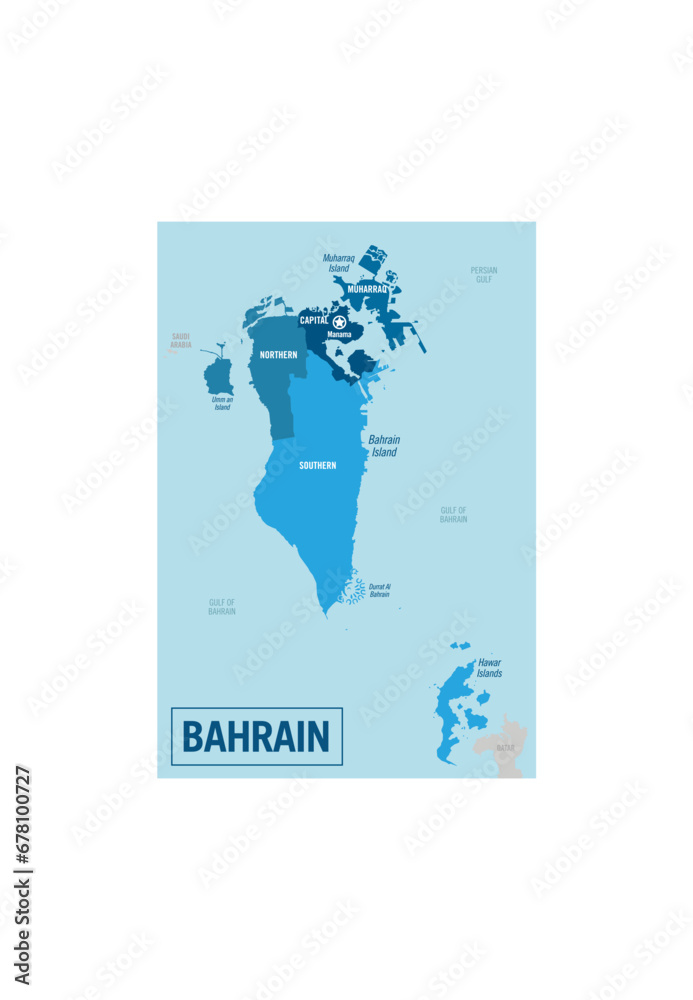 Bahrain country political map. Detailed vector illustration with isolated provinces, departments, regions, cities, islands and states easy to ungroup.