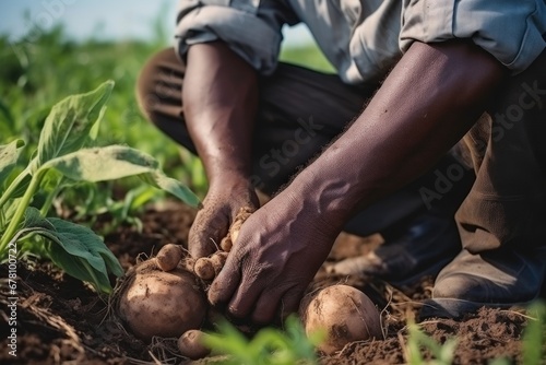 Hands of farmer dirty in ground collect potatoes dug from fertile soil in field. Farmer squats in front of ground pulling potatoes out of ground grown with effort and labor. Day of farmer on field