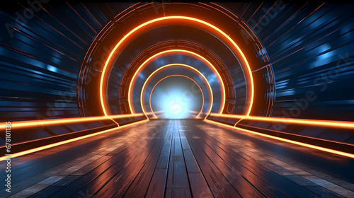 Blue and orange round octagon neon light tunnel  futuristic design modern vibrant color light  fantasy cyber scene 