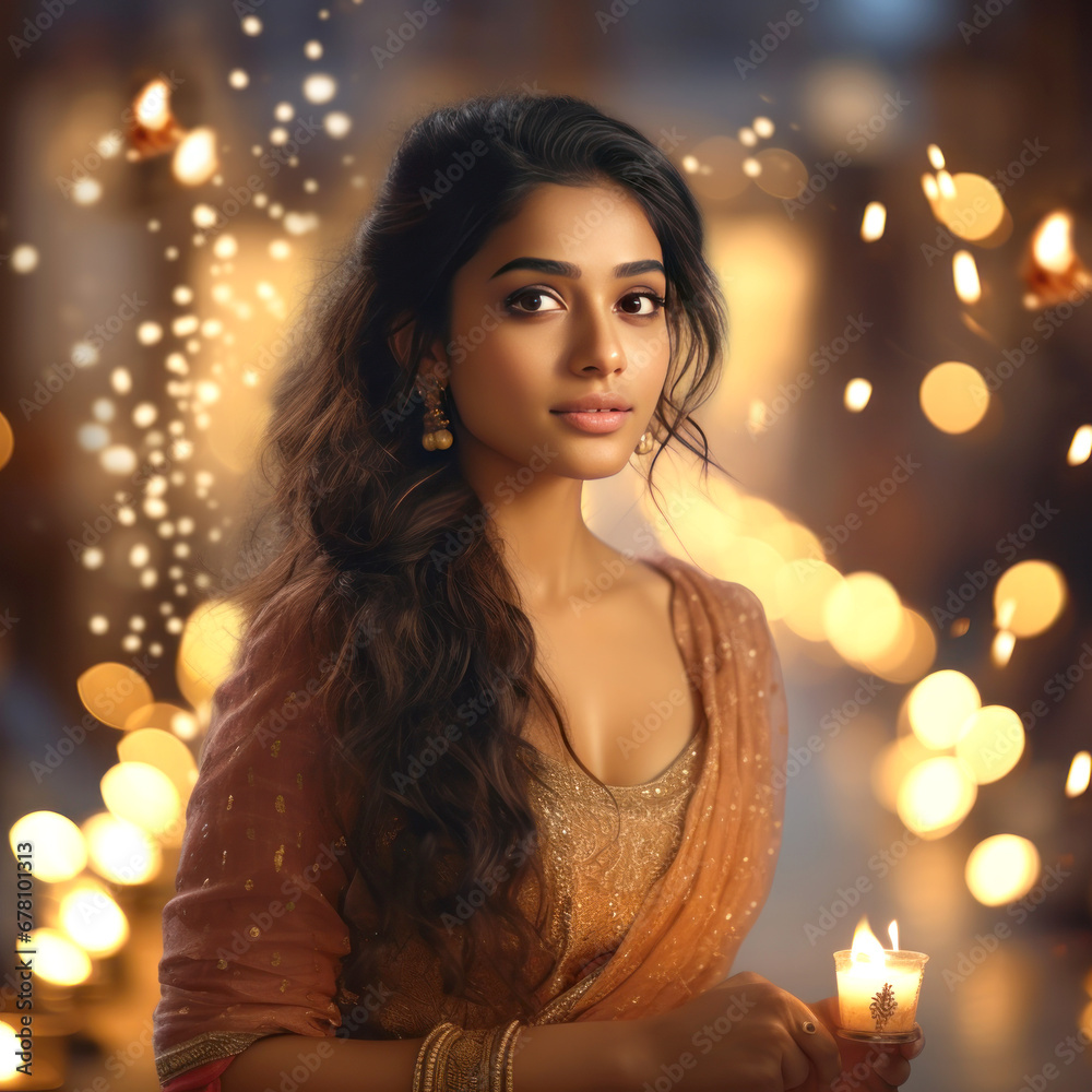 Young and beautiful indian woman celebrating diwali festival.