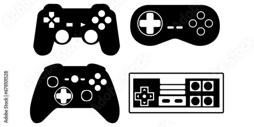 A set of isolated gamepads. A selection of various gaming joysticks, black and vector. Beautiful stylish gamepads.