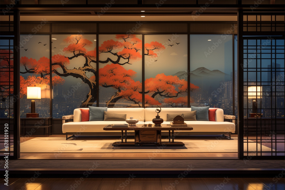 Japanese style room decoration architecture, a beautiful living room - obrazy, fototapety, plakaty 
