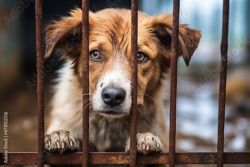 Stray homeless dog in animal shelter cage with a sad abandoned hungry dog behind old rusty grid of the cage in shelter for homeless animals photo