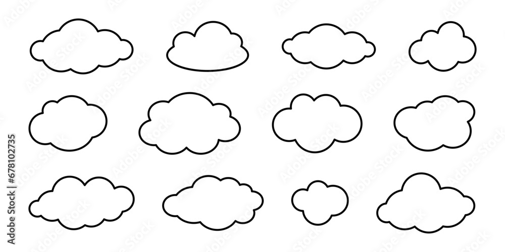 Vector set of doodle outline clouds. Simple cloud collection in black contour. - obrazy, fototapety, plakaty 