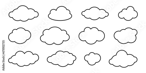Vector set of doodle outline clouds. Simple cloud collection in black contour.