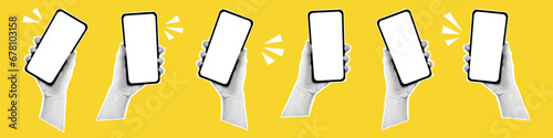 Vector halftone hands hold phones. Banner with hands holding mobile phones. Modern art with  halftone effects. Human palms and smartphones. © Ulyana Mo