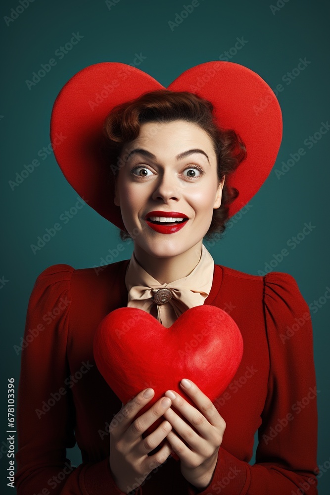 Portrait of a happy woman with red heart.Valentine's Day Concept Portrait of a happy woman with red heart.Valentine's Day Concept