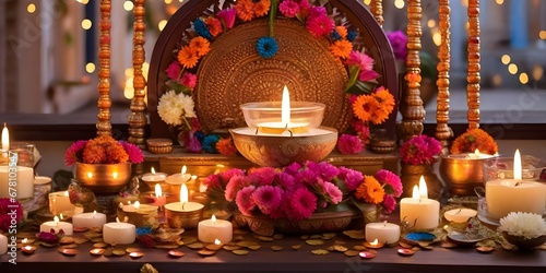 Beautiful burning Diya with flowers and candles in the background.