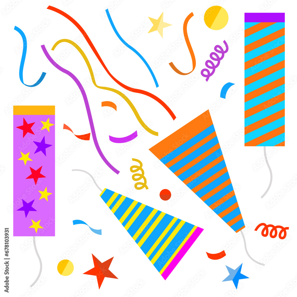 Party element colorful poppers confetti with ribbon explode for happy new year,birthday party. Vector illustration. flat style design.