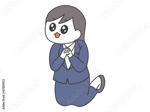 膝をつき祈るポーズをとる女性のイラスト