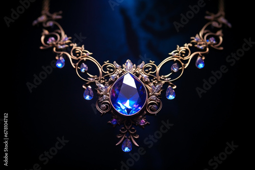 Precious necklace decorated with gemstones under the lights, aesthetic look