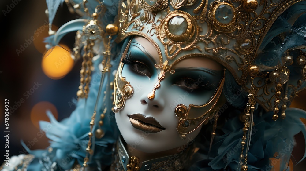 Elegant Venetian masks in golden hues with intricate details, creating a mysterious and opulent ambiance.