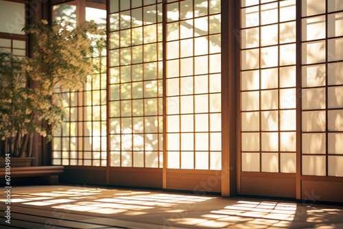 Japanese style relaxing room decoration architecture with doors facing the view