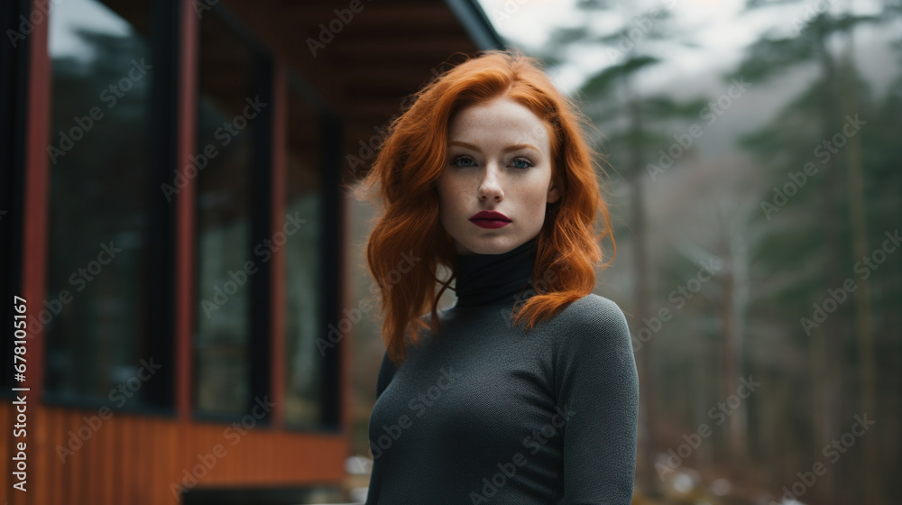 Red haired young woman stands before a modern forest cabin on a gloomy day Red haired young woman stands before a modern forest cabin on a gloomy day