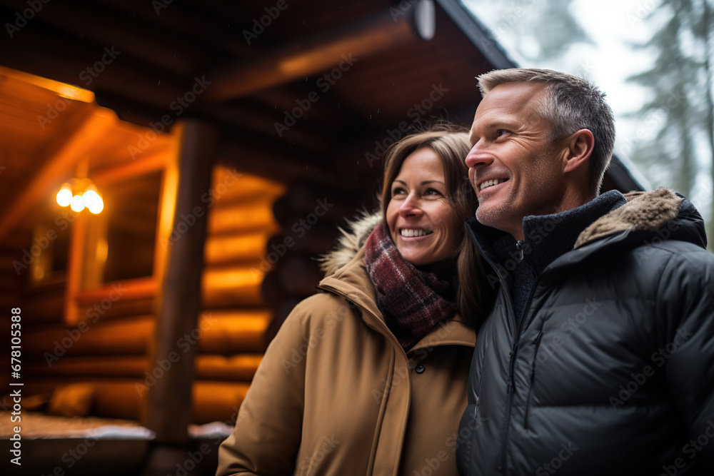 Happy middle aged pair with a snow covered cabin backdrop share a moment Happy middle aged pair with a snow covered cabin backdrop share a moment