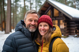 Happy middle aged pair with a snow covered cabin backdrop share a moment