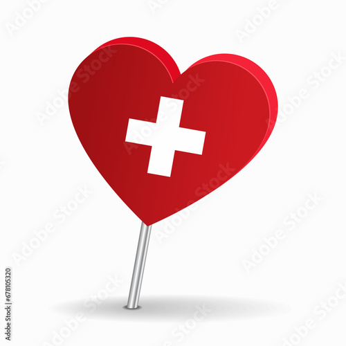 Swiss flag heart-shaped map pointer layout. Vector illustration.