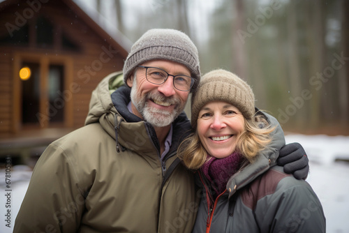 Warmly dressed couple enjoys a winter day outside their cozy log cabin