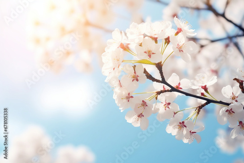 Pretty spring blossom nature background with white blooming of tree at blue sky with sunshine, banner, soft light photography