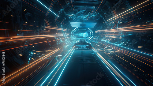 Hyperspace journey zooming through a tunnel filled orange and blue neon lights