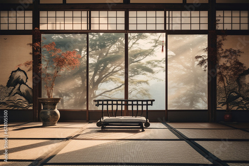 Japanese style relaxing room decoration architecture with doors facing the view photo